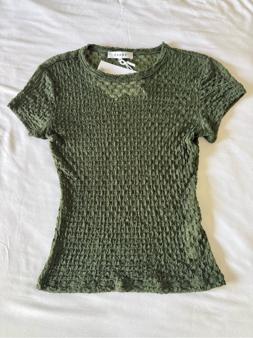 Frame Denim Olive Green Mesh Textured Short Sleeve Tee
